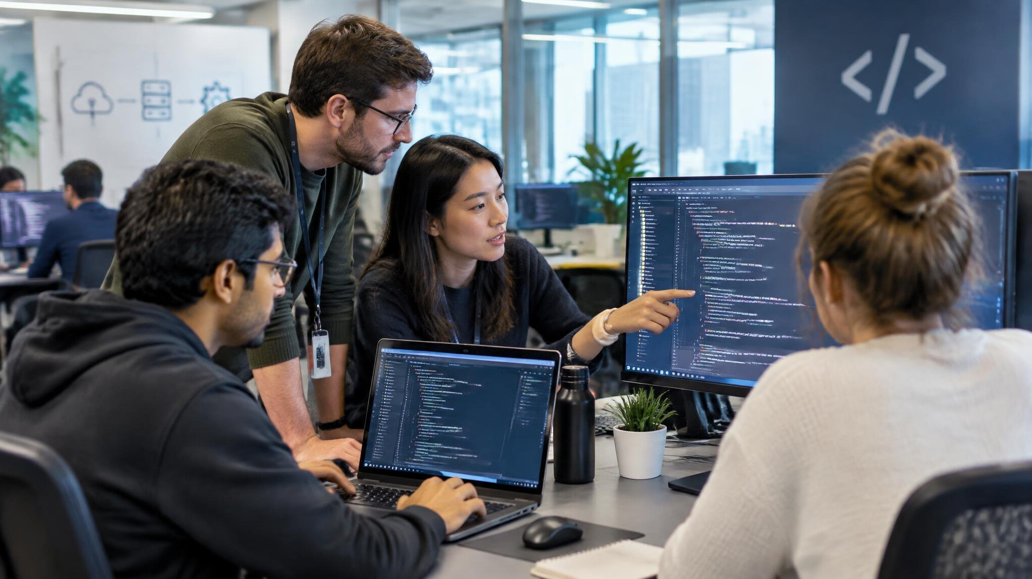 software developers coding together